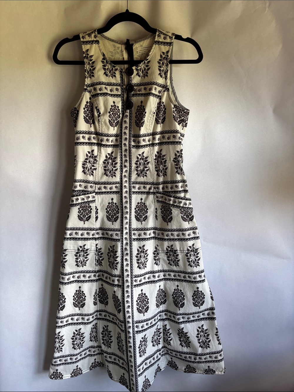 Anthropologie Sleeveless Off-White Midi Dress with Black and pink Floral Print